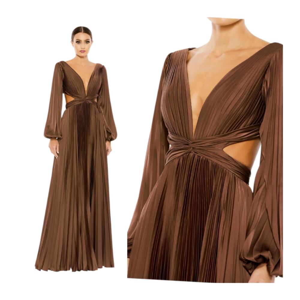 Mac Duggal Formal Dress 26737 Brown Espresso Long Sleeve Evening Pleated Gown 6